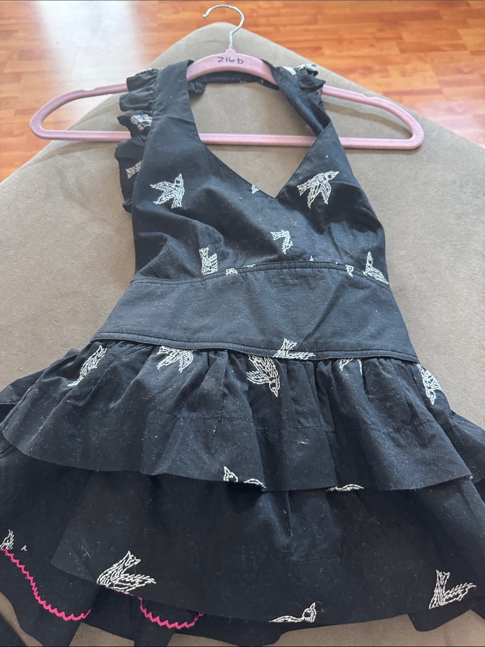 Black Halter Tank with White Embroidered Swallows